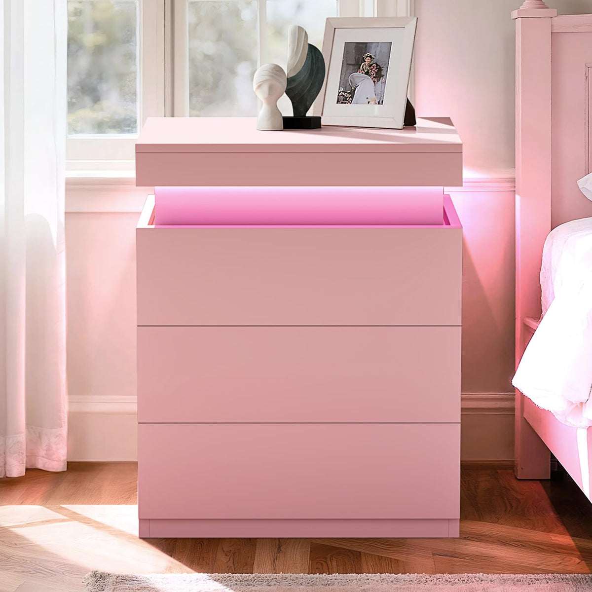 Pink Nightstand with Charging Station and LED Lights K754