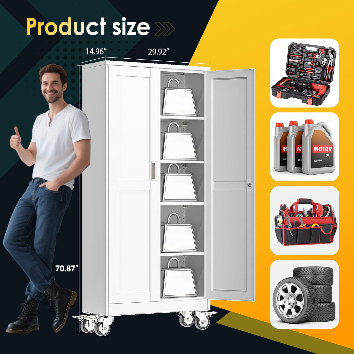 71''H White Metal Storage Cabinet with Wheels L64480