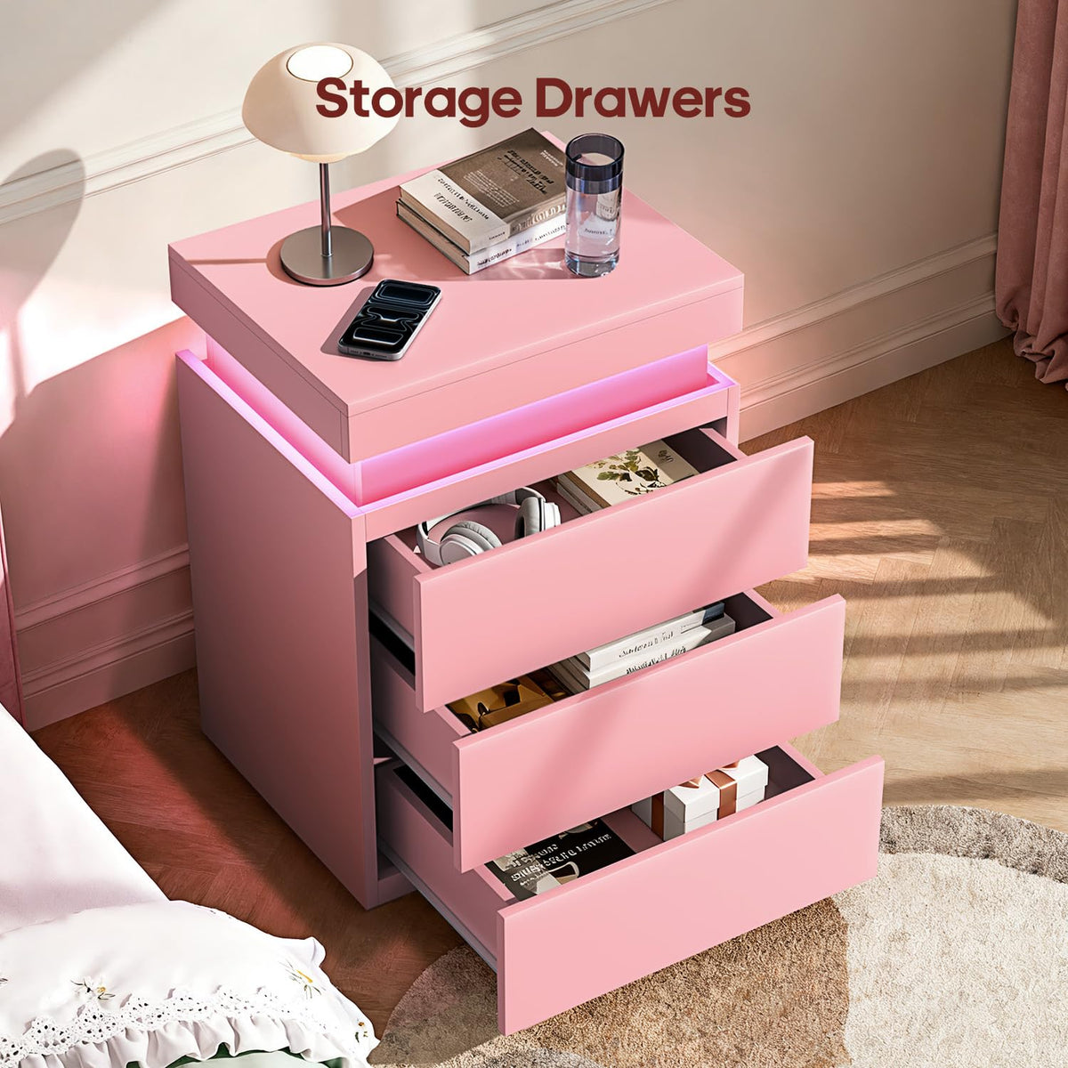 Pink Nightstand with Charging Station and LED Lights K754