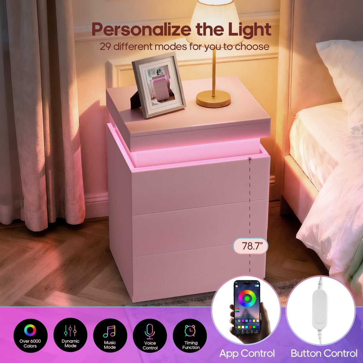 Pink Nightstand with Charging Station and LED Lights K754