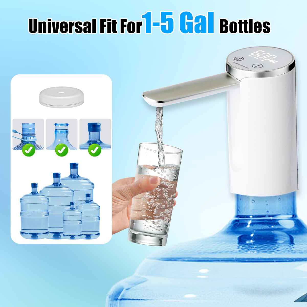 Countertop Water Dispenser with LED Display, Foldable Spout, 4 Dispense Modes, USB-C Rechargeable, White J63540
