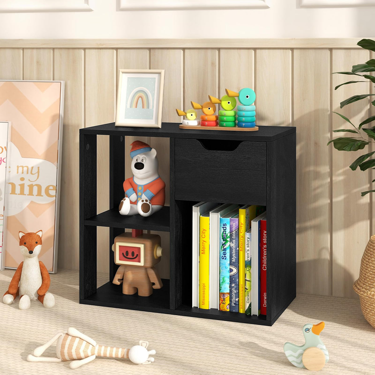3 Cube Black Bookcase with Drawer U860562