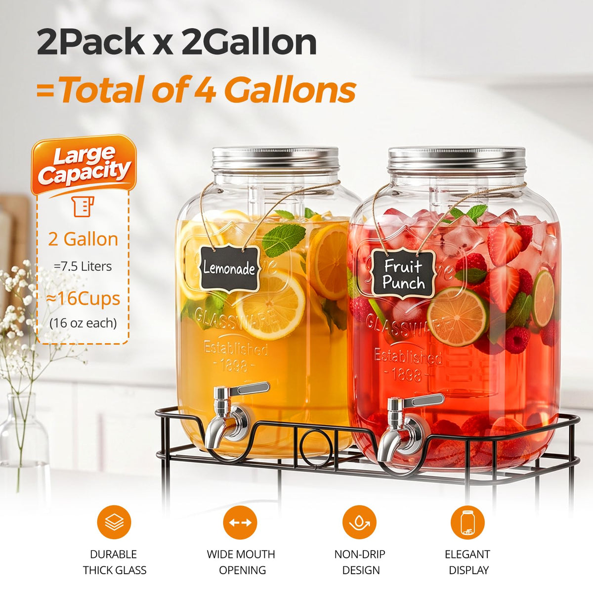 2 Gallon Glass Drink Dispensers, 2 Pack U229319