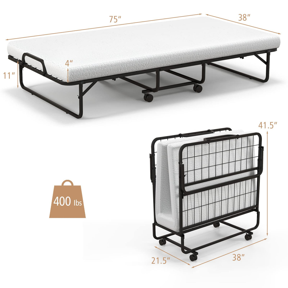 Folding Bed with Mattress Twin Size Metal Frame Memory Foam Z627473
