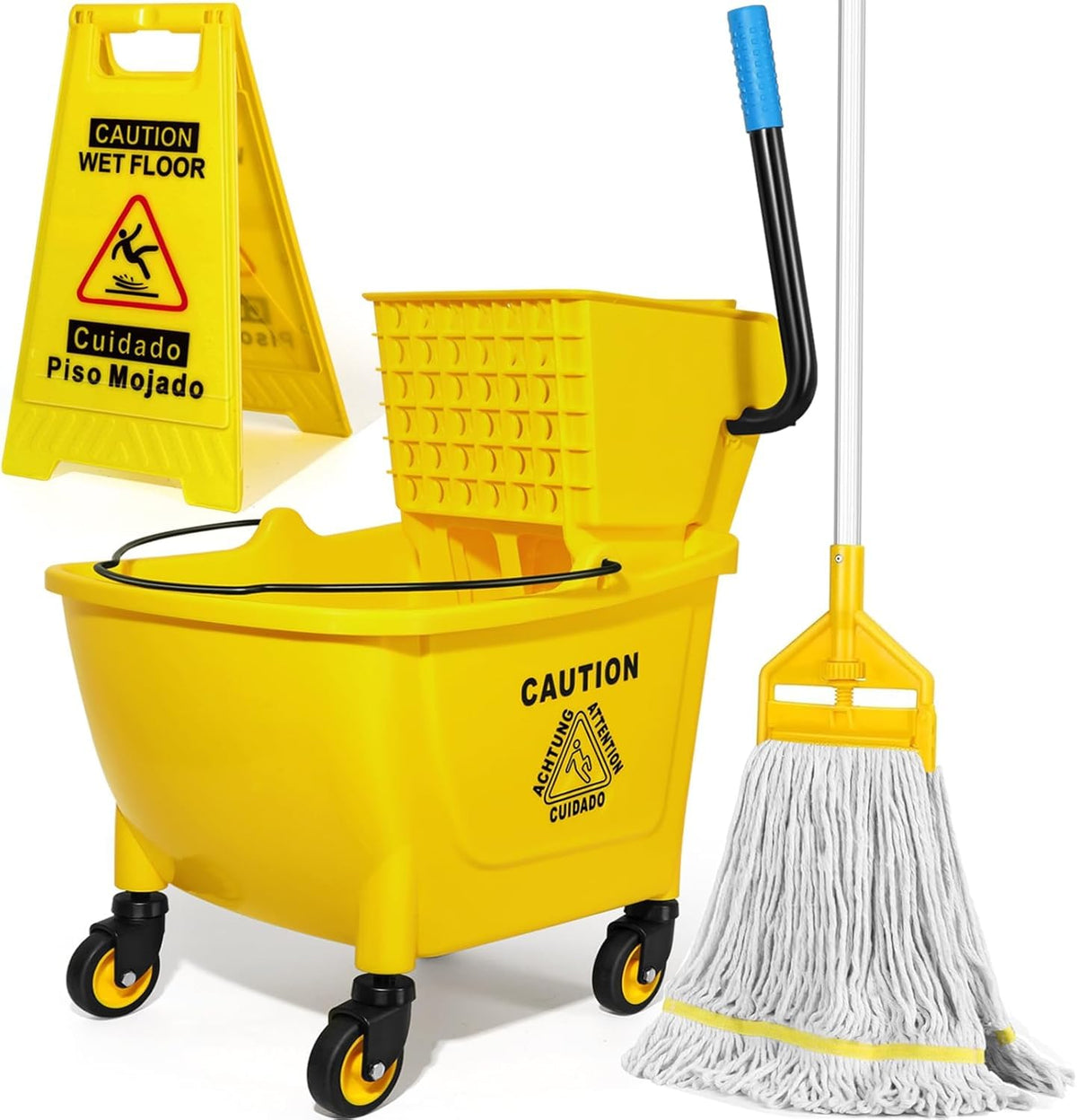 Yellow 35Qt Mop Bucket with Side Press Wringer on Wheels L383838