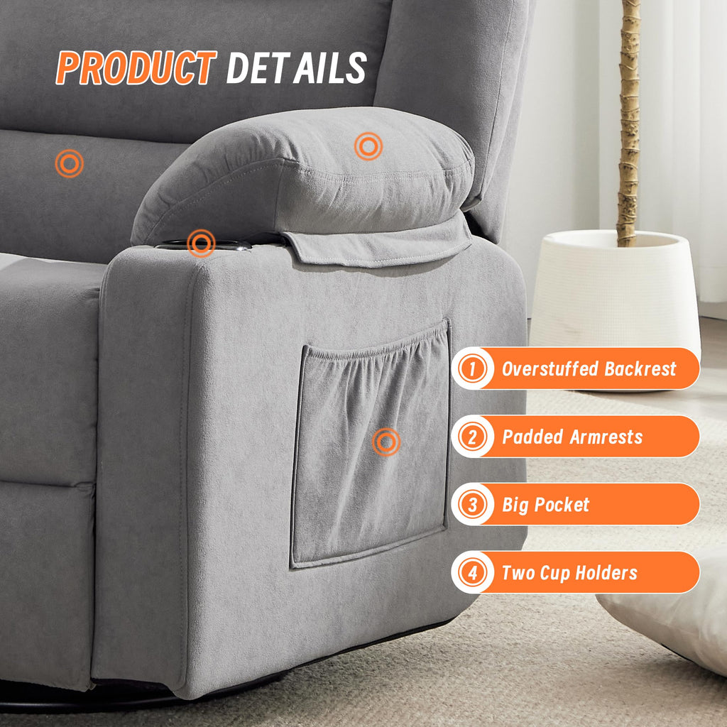 Grey Manual Swivel Rocking Recliner Chair with Massage and Heating R4999