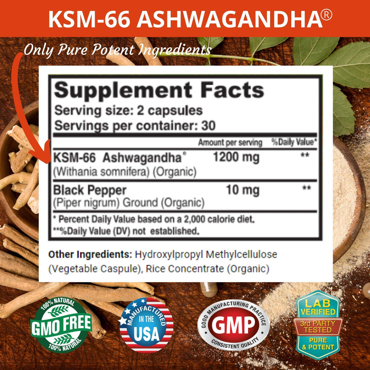 Ashwagandha Capsules 1200mg Root Extract with Black Pepper 60 Vegan Capsules K45069