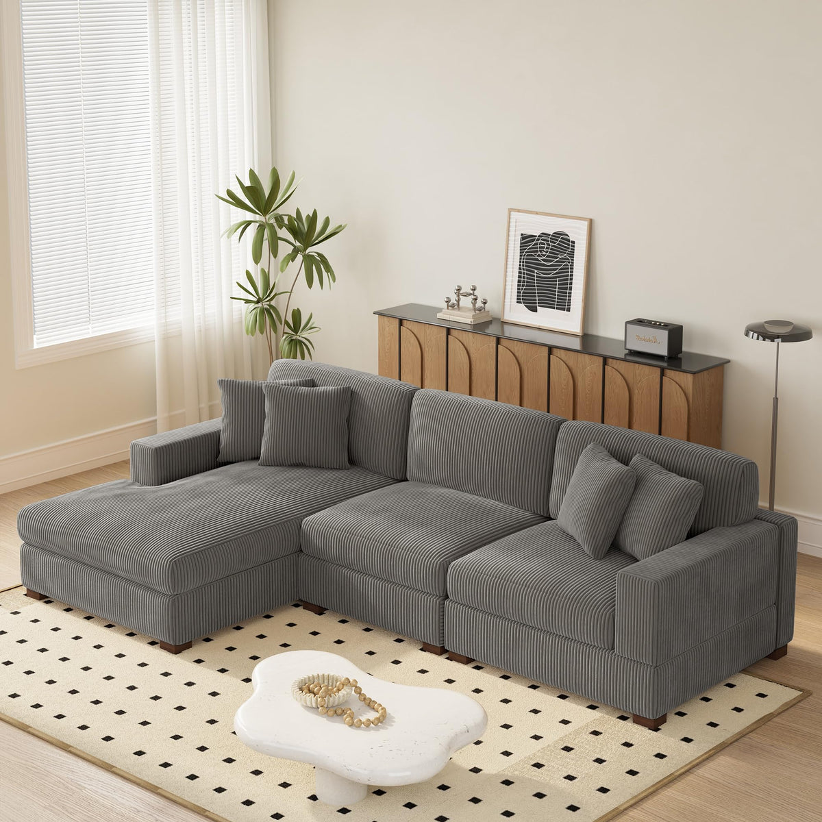118" Light Gray Corduroy Modular Sectional Sofa with L-Shape Chaise X8553