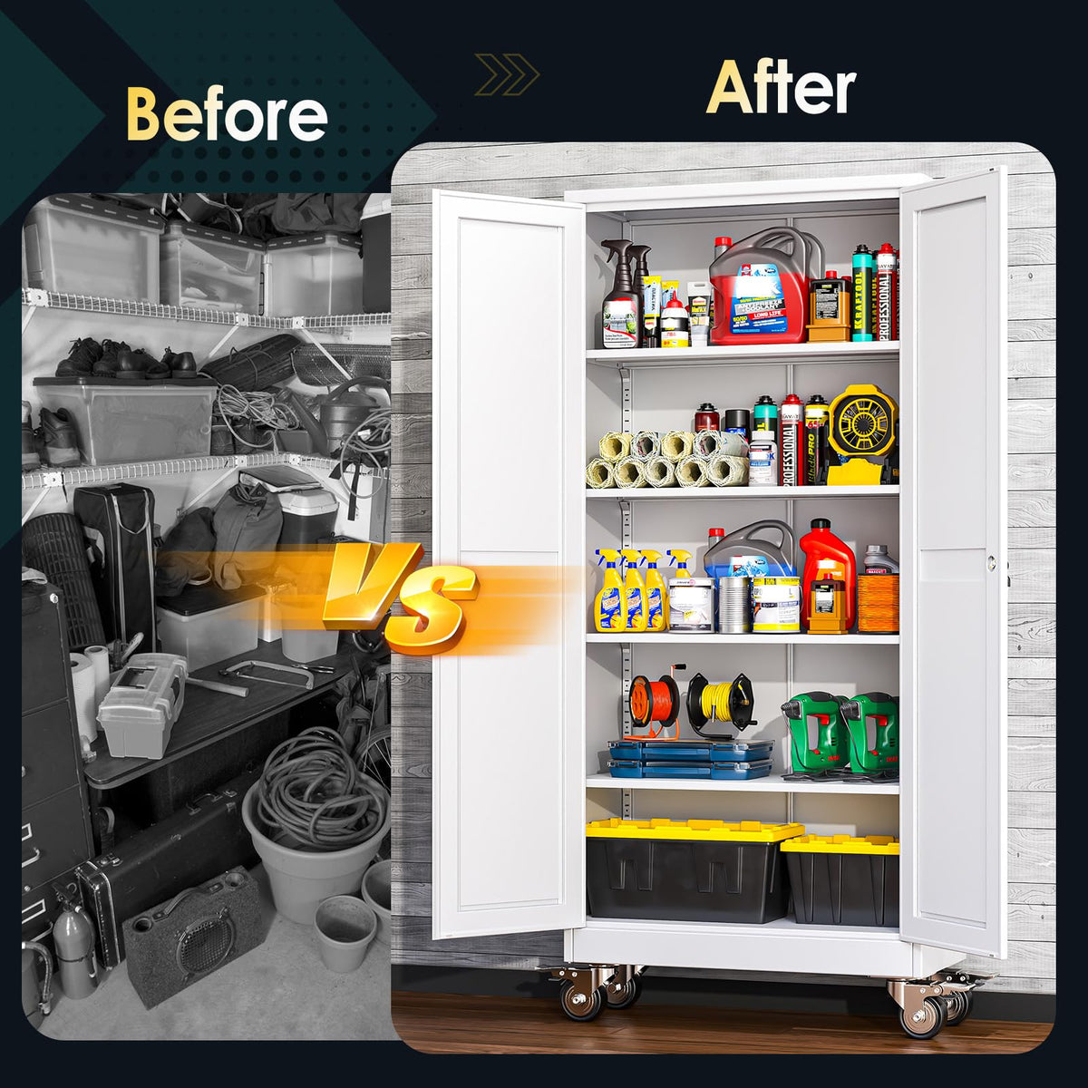 71''H White Metal Storage Cabinet with Wheels L64480