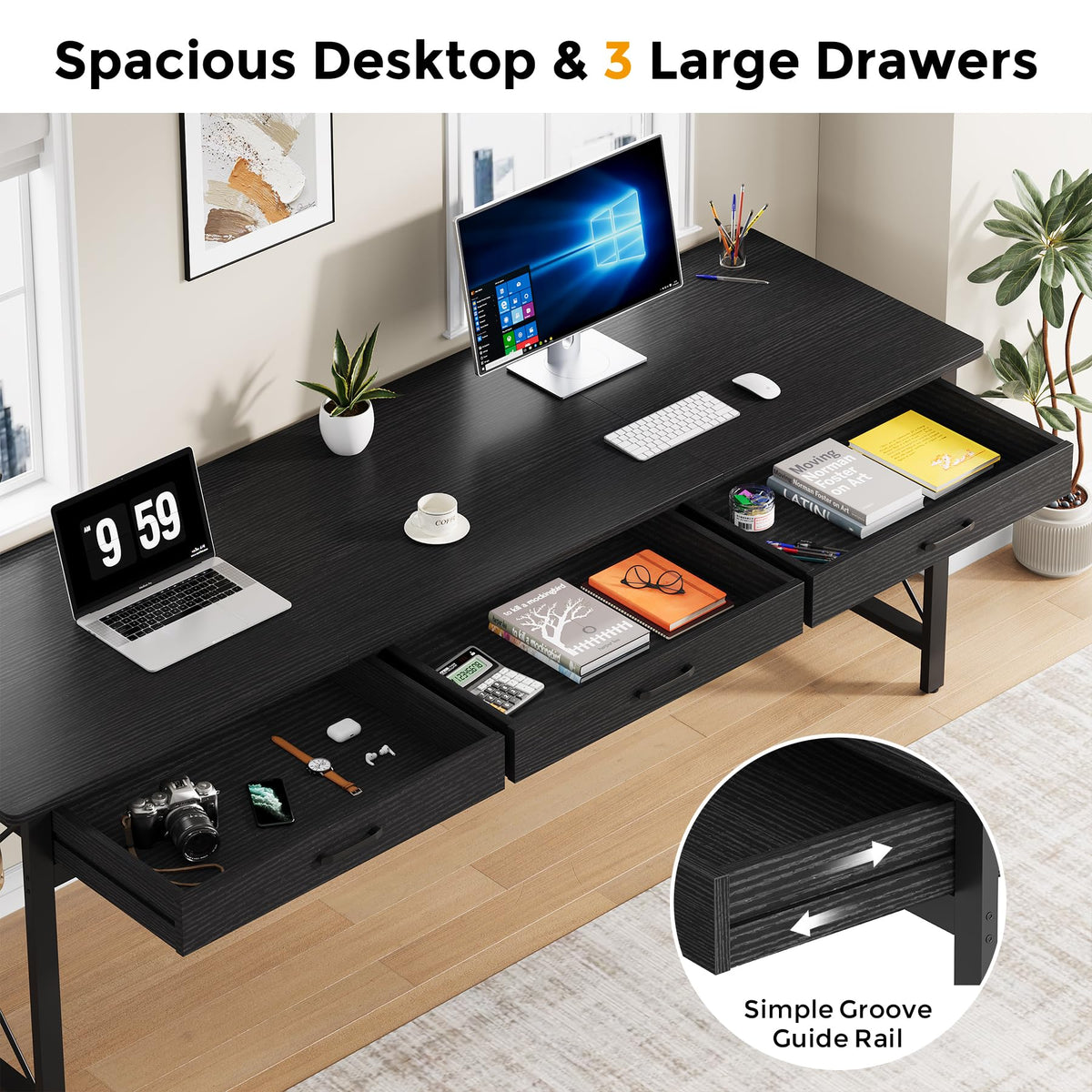 78.7 inch Black Computer Desk with 3 Drawers M6577