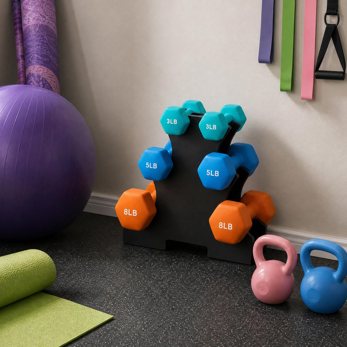 Colored Neoprene Coated Dumbbell Set with Stand, Set of 6 S63845
