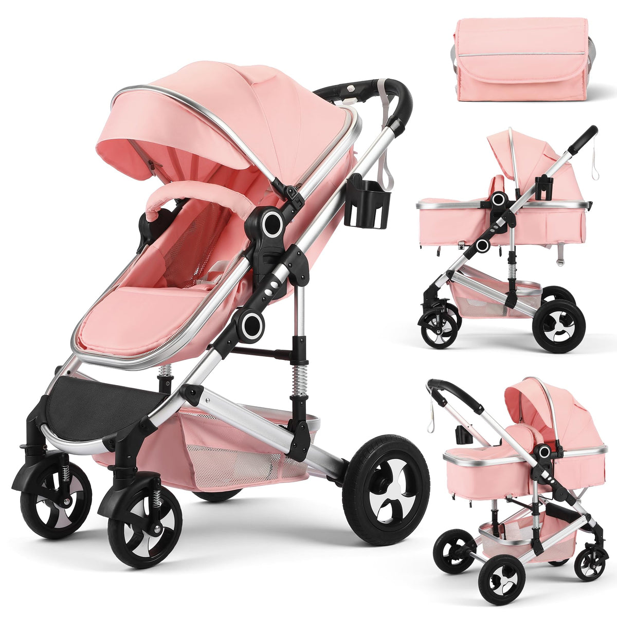 2 in 1 Convertible Baby Stroller, Diaper Bag, Pink W6811