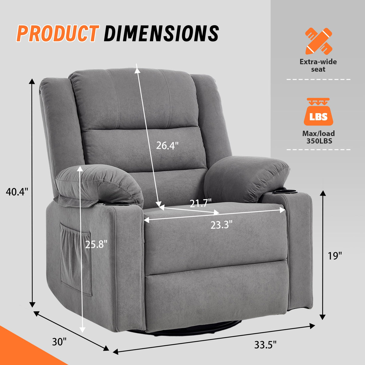 Grey Manual Swivel Rocking Recliner Chair with Massage and Heating R4999