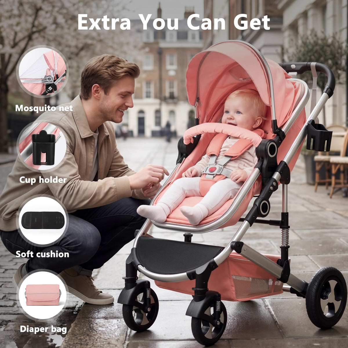 2 in 1 Convertible Baby Stroller, Diaper Bag, Pink W6811