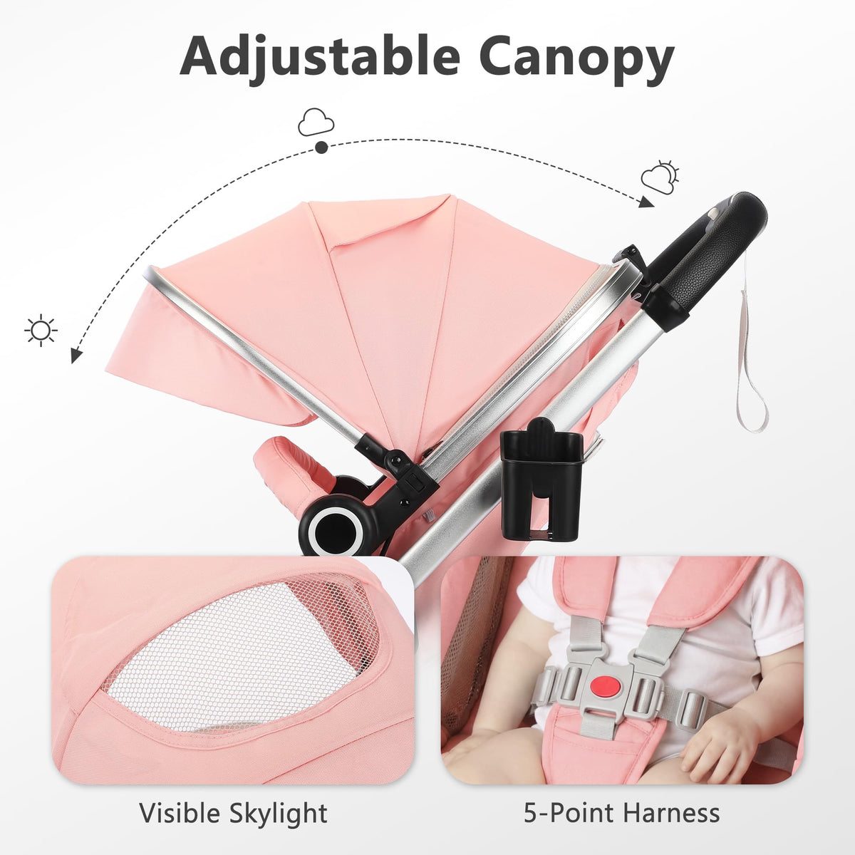 2 in 1 Convertible Baby Stroller, Diaper Bag, Pink W6811