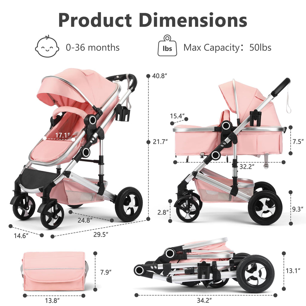 2 in 1 Convertible Baby Stroller, Diaper Bag, Pink W6811