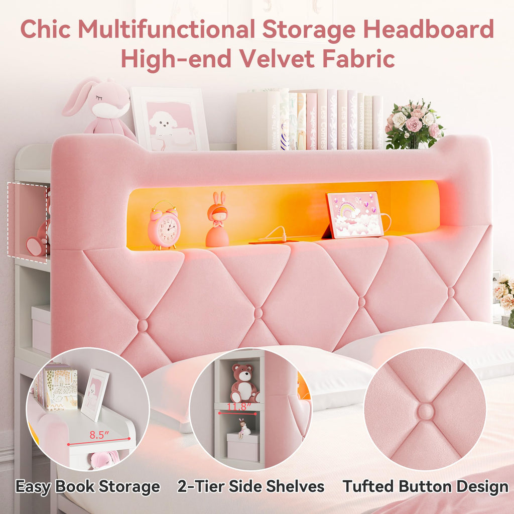 Pink Velvet Upholstered Platform Bed Frame with 2 Storage Drawers T80232