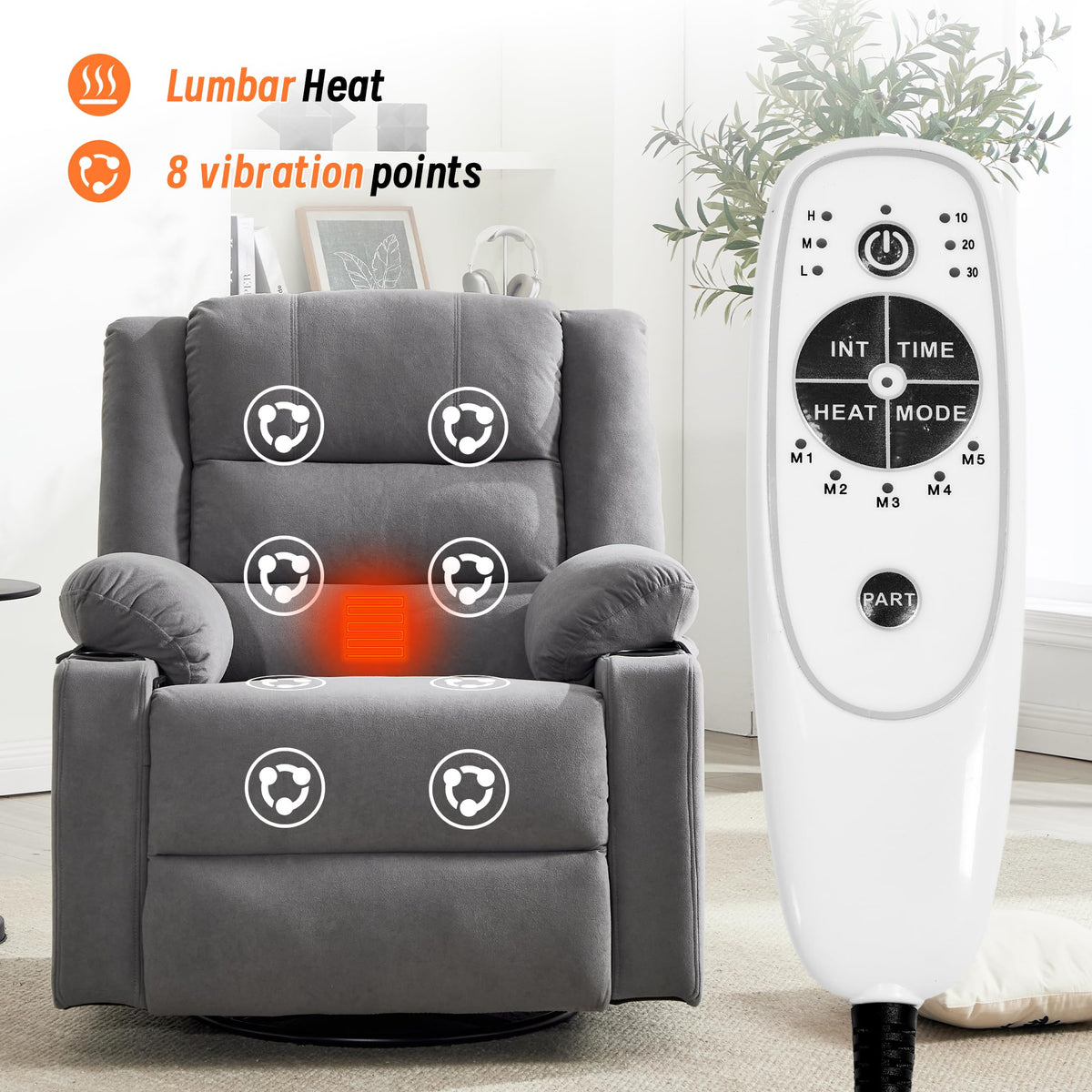 Grey Manual Swivel Rocking Recliner Chair with Massage and Heating R4999