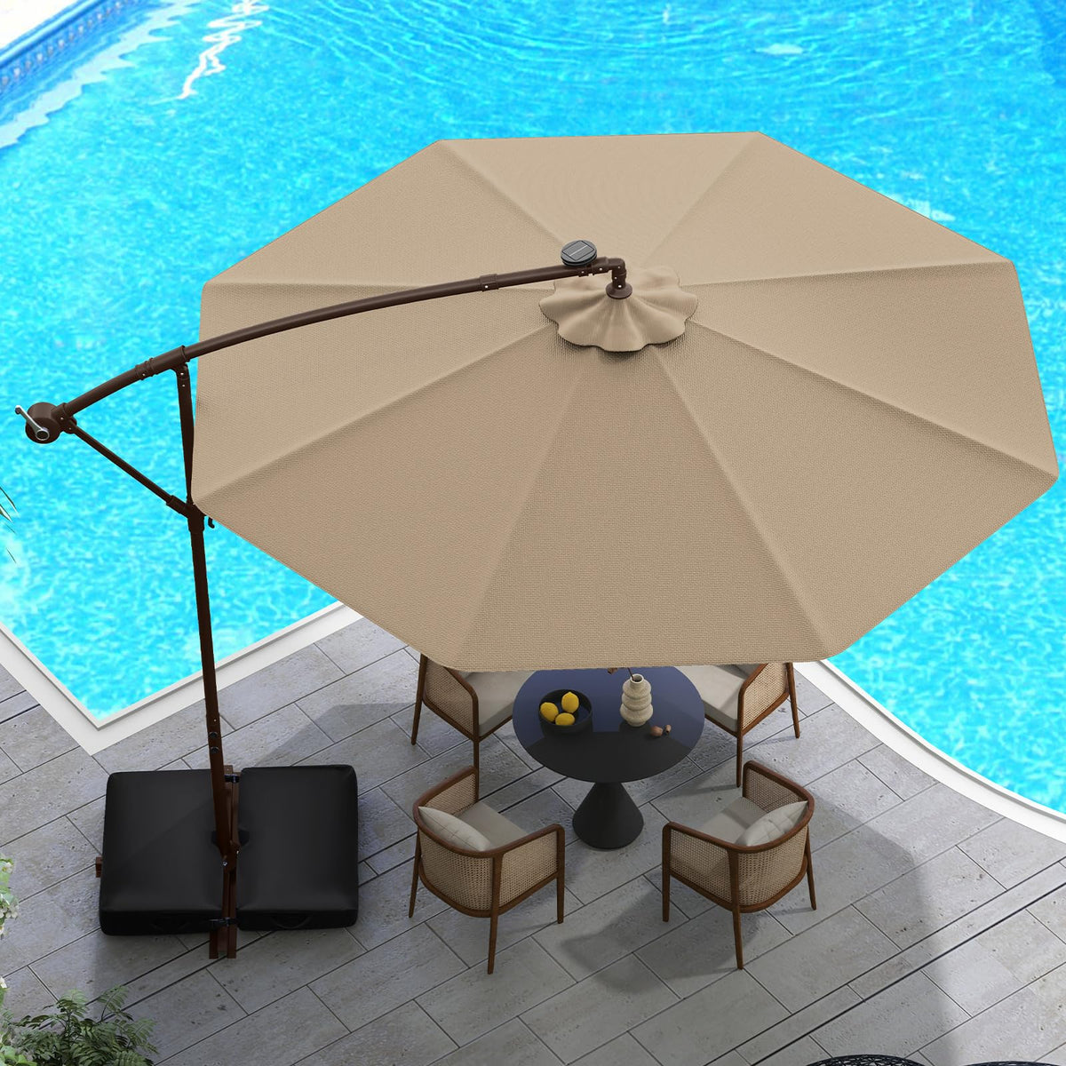 10FT Offset Patio Umbrella with Base and 40 Solar LED Lights N507097
