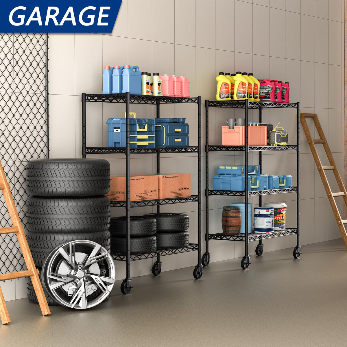 4-Shelf Adjustable Metal Storage Shelving Unit on Wheels, Black R3344