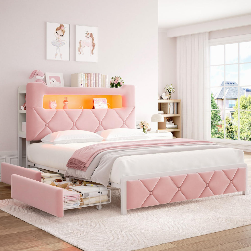 Pink Velvet Upholstered Platform Bed Frame with 2 Storage Drawers T80232