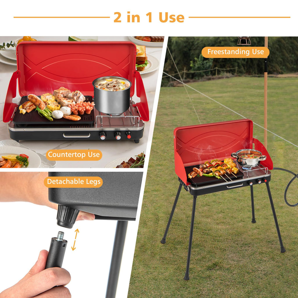 Portable Gas Grill 20000 BTU Camping Stove Burner with 2 Cooking Area Red W2228