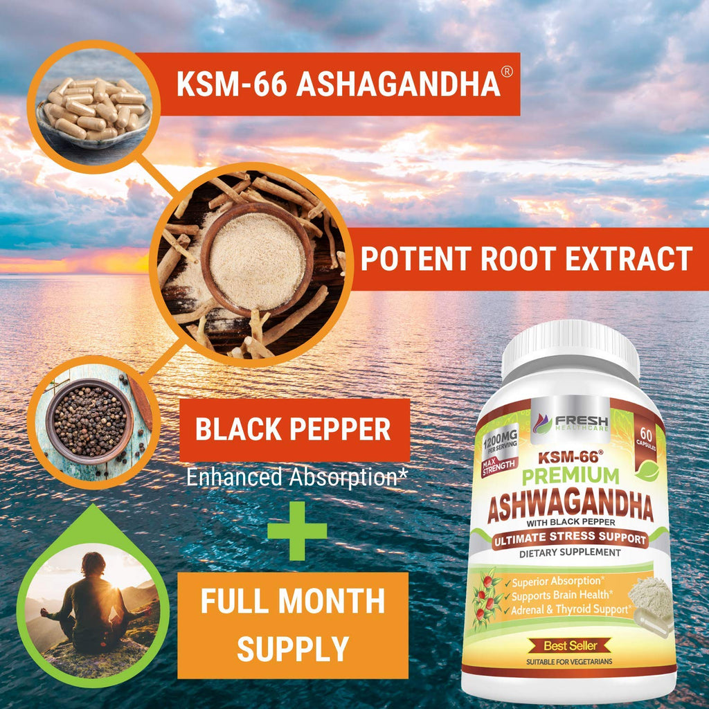 Ashwagandha Capsules 1200mg Root Extract with Black Pepper 60 Vegan Capsules K45069