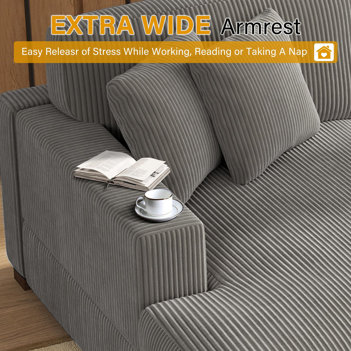 118" Light Gray Corduroy Modular Sectional Sofa with L-Shape Chaise X8553