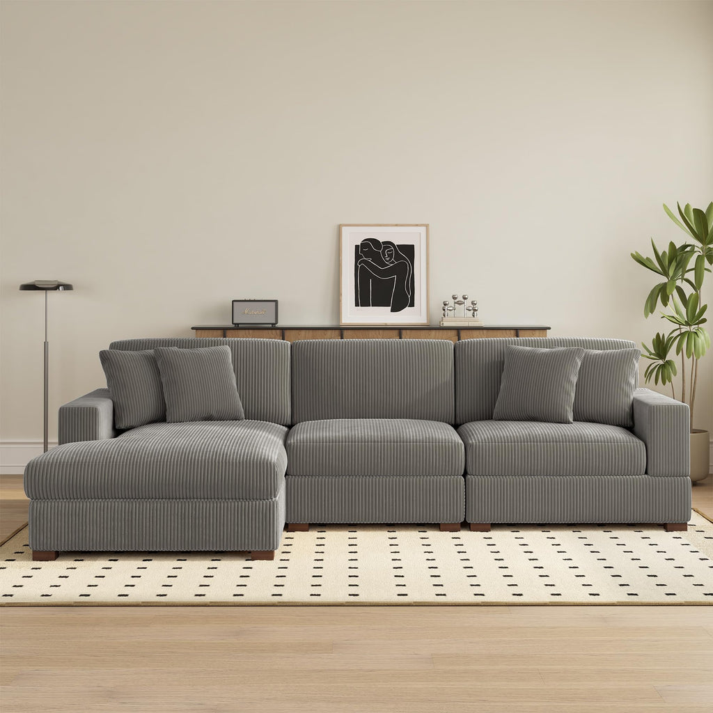118" Light Gray Corduroy Modular Sectional Sofa with L-Shape Chaise X8553
