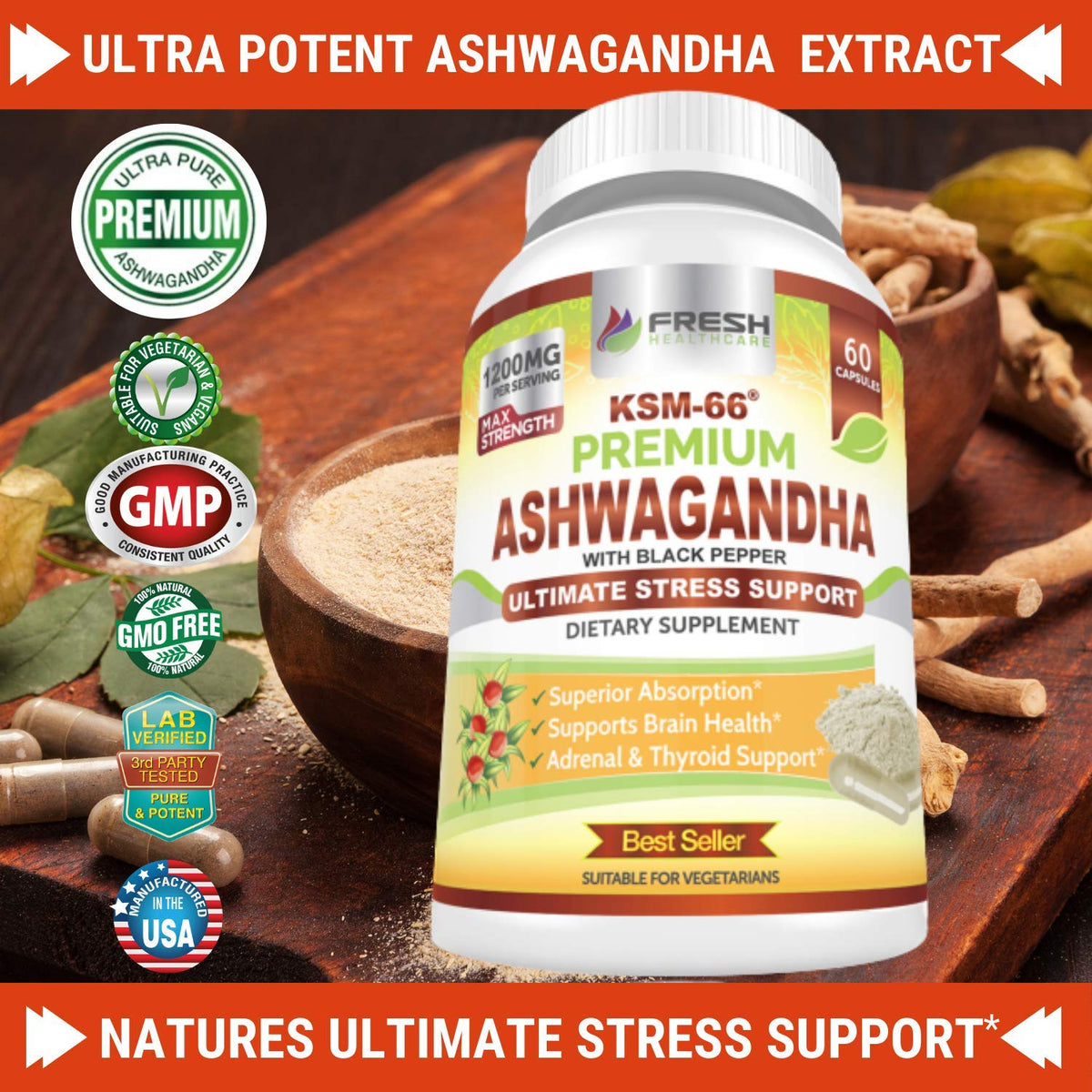 Ashwagandha Capsules 1200mg Root Extract with Black Pepper 60 Vegan Capsules K45069