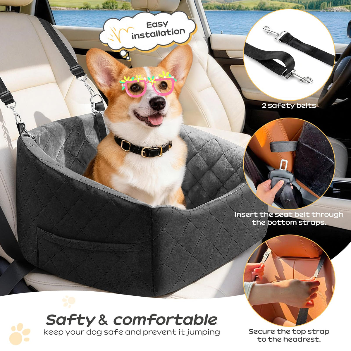 Dog Car Seat for Small Dogs Up to 30 Lbs, Grey-Black B809