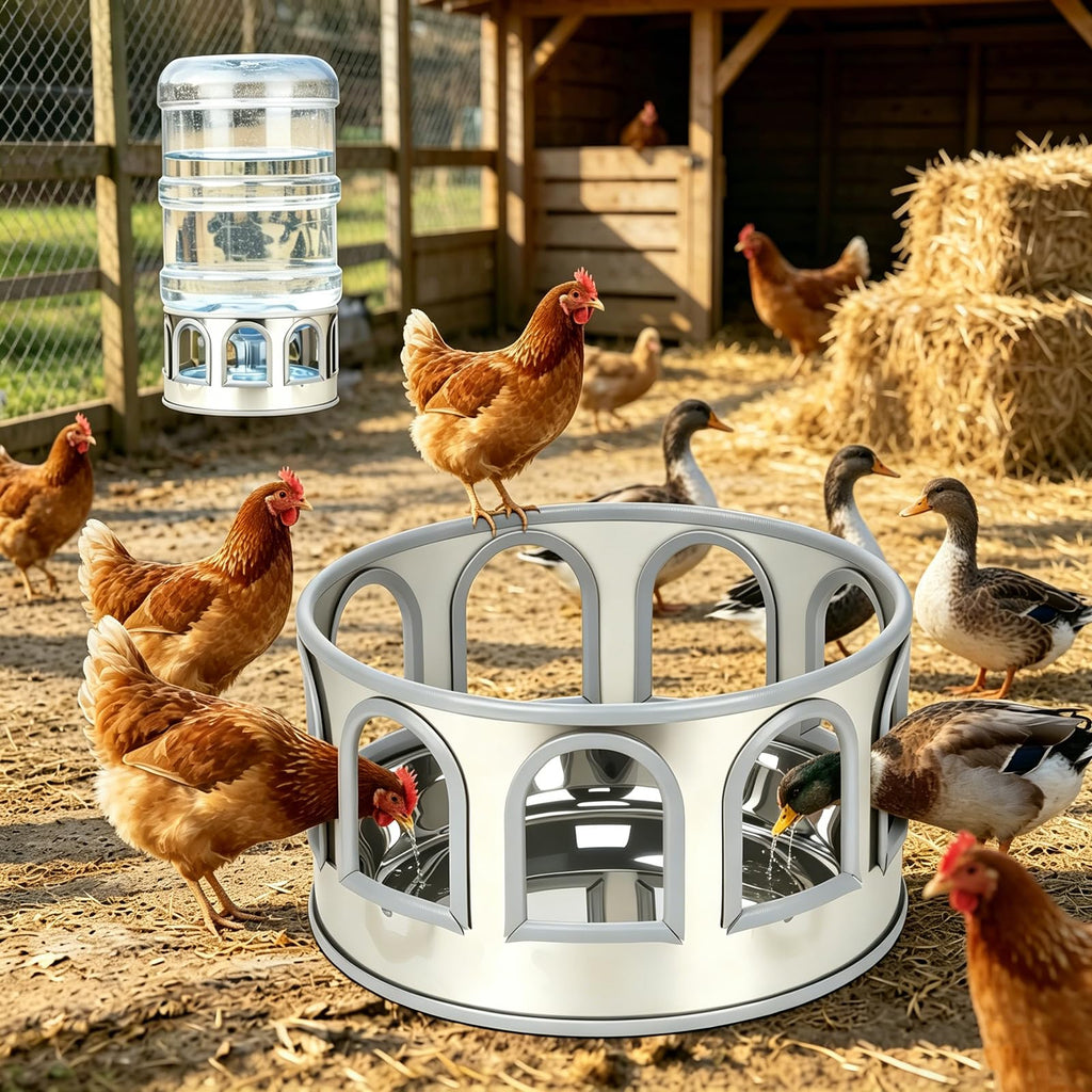 5 Gallon Stainless Steel Poultry Waterer Base with 9 Guarded Drinking Ports D6054