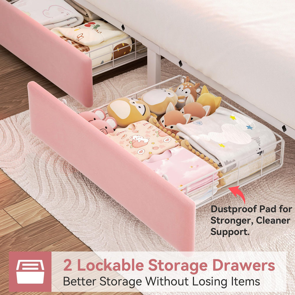 Pink Velvet Upholstered Platform Bed Frame with 2 Storage Drawers T80232