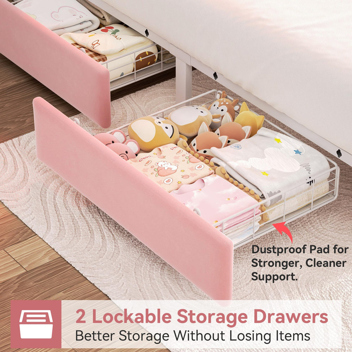 Pink Velvet Upholstered Platform Bed Frame with 2 Storage Drawers T80232