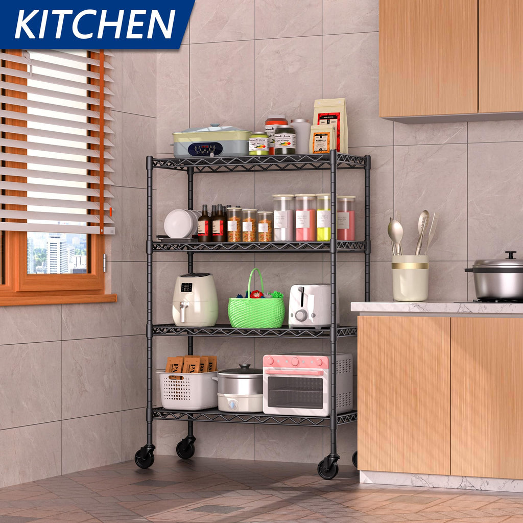 4-Shelf Adjustable Metal Storage Shelving Unit on Wheels, Black R3344