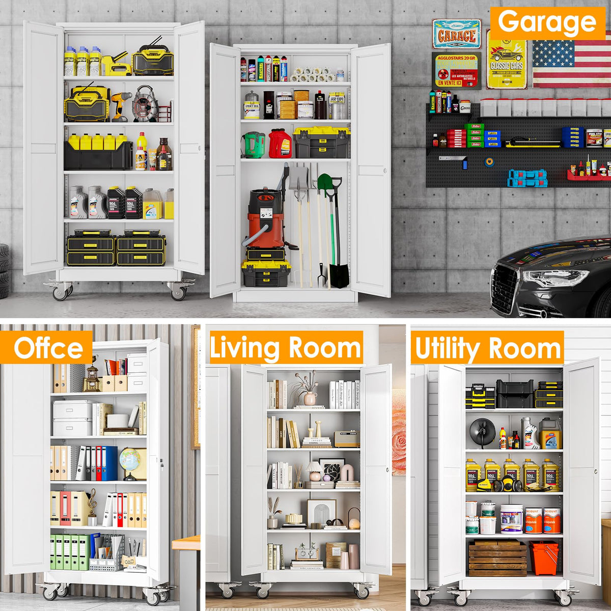 71''H White Metal Storage Cabinet with Wheels L64480