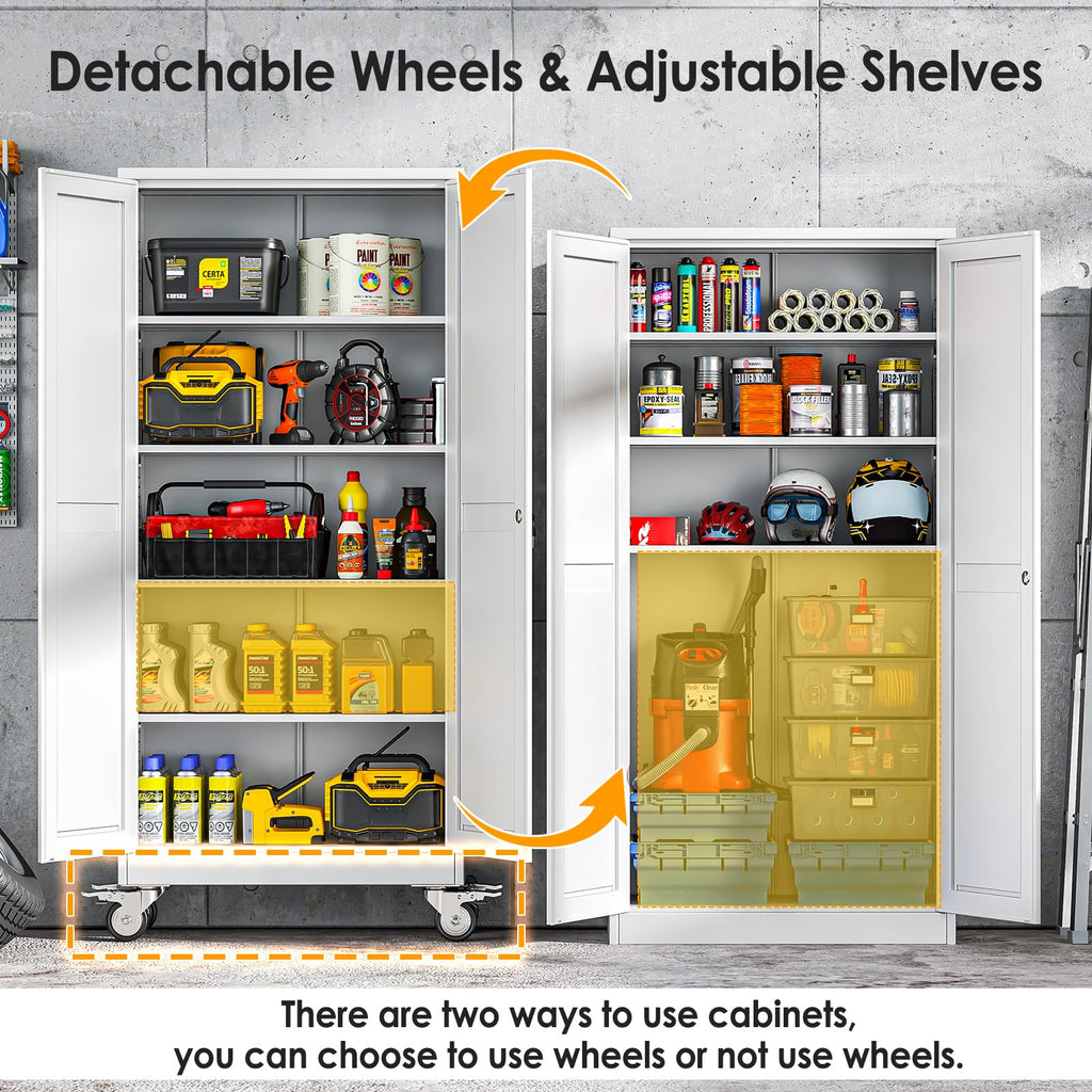 71''H White Metal Storage Cabinet with Wheels L64480