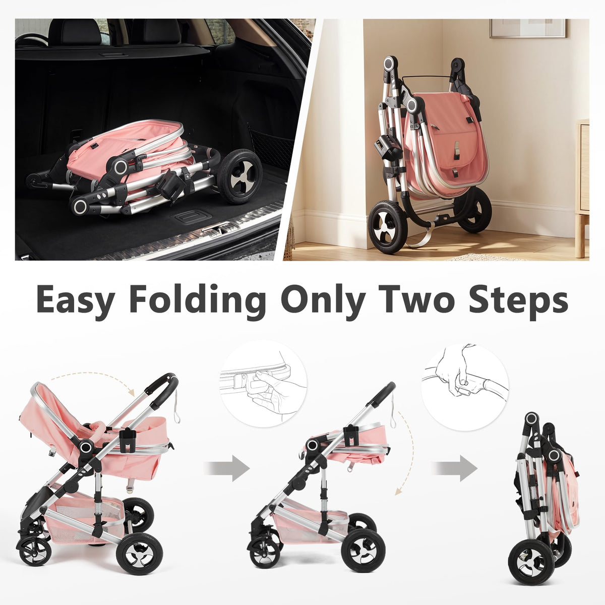 2 in 1 Convertible Baby Stroller, Diaper Bag, Pink W6811