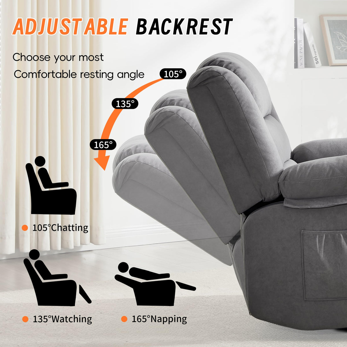 Grey Manual Swivel Rocking Recliner Chair with Massage and Heating R4999