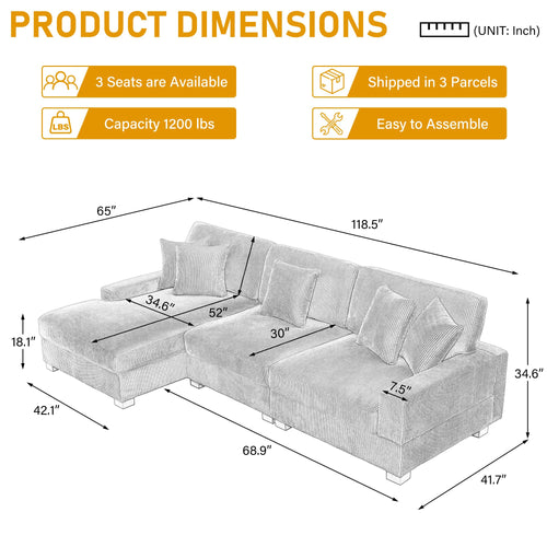 118" Light Gray Corduroy Modular Sectional Sofa with L-Shape Chaise X8553