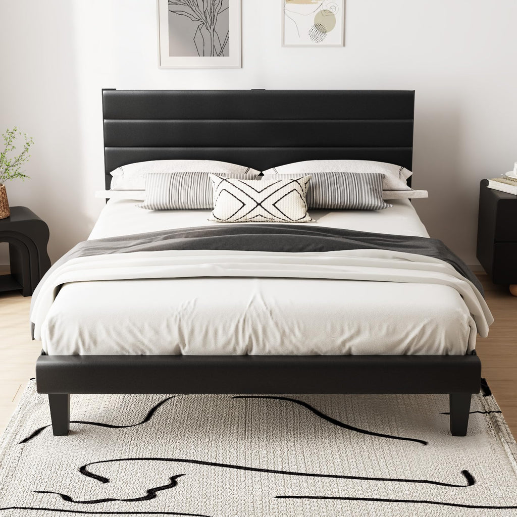 Full Faux Leather Upholstered Platform Bed Frame with Adjustable Headboard L45377