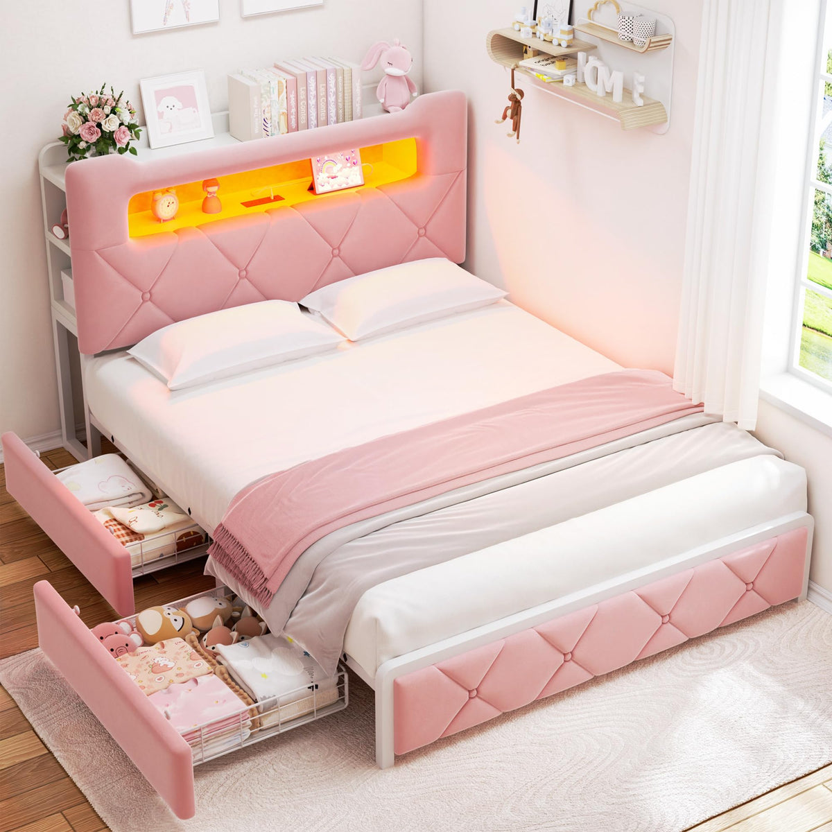 Pink Velvet Upholstered Platform Bed Frame with 2 Storage Drawers T80232