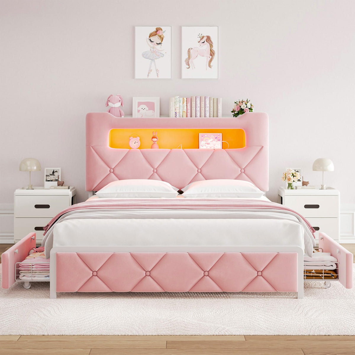 Pink Velvet Upholstered Platform Bed Frame with 2 Storage Drawers T80232
