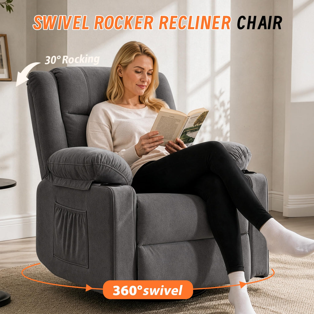 Grey Manual Swivel Rocking Recliner Chair with Massage and Heating R4999