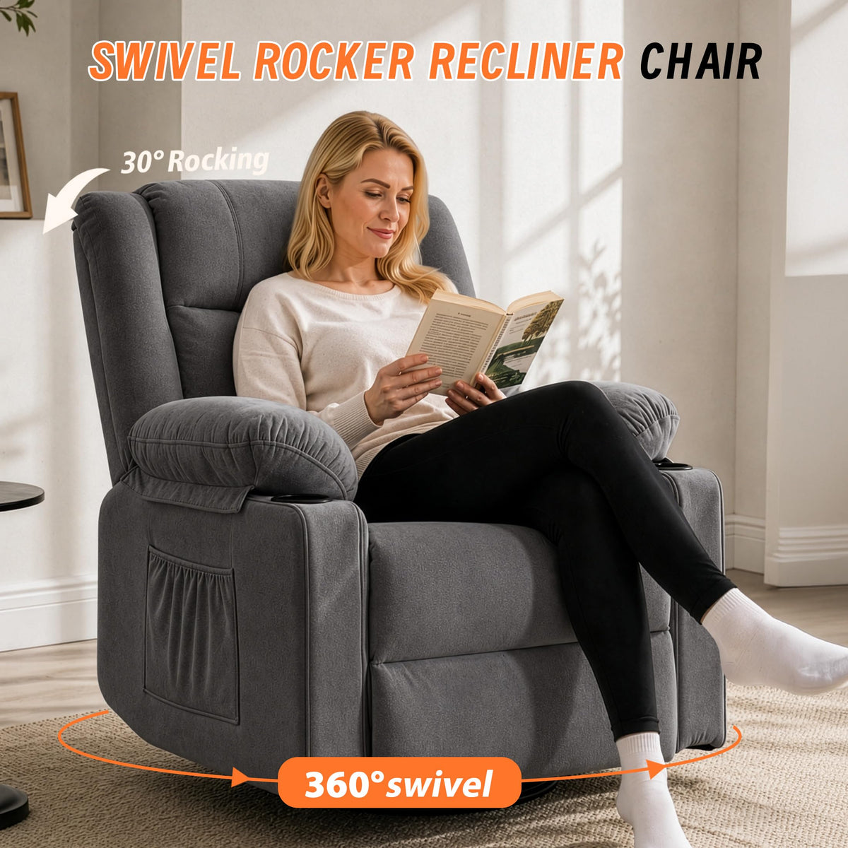 Grey Manual Swivel Rocking Recliner Chair with Massage and Heating R4999