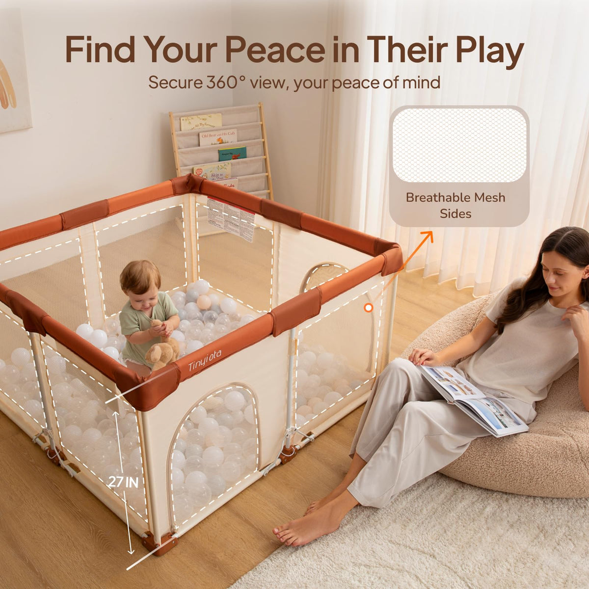 Foldable Baby Playpen 50x50 Inch Portable Play Yard with Mesh Storage Bag V8199