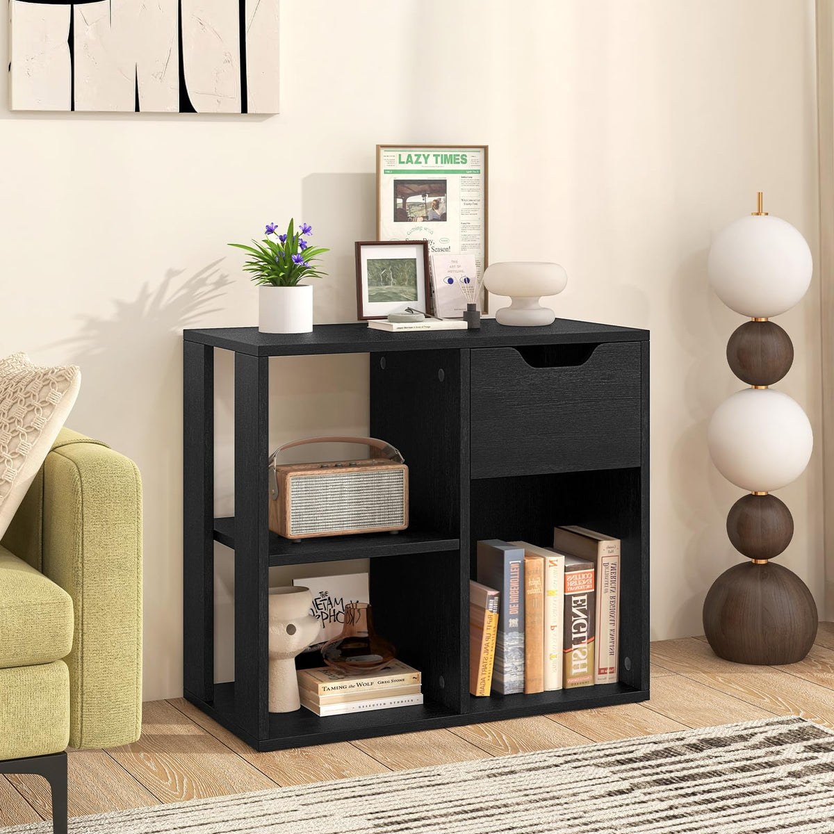 3 Cube Black Bookcase with Drawer U860562