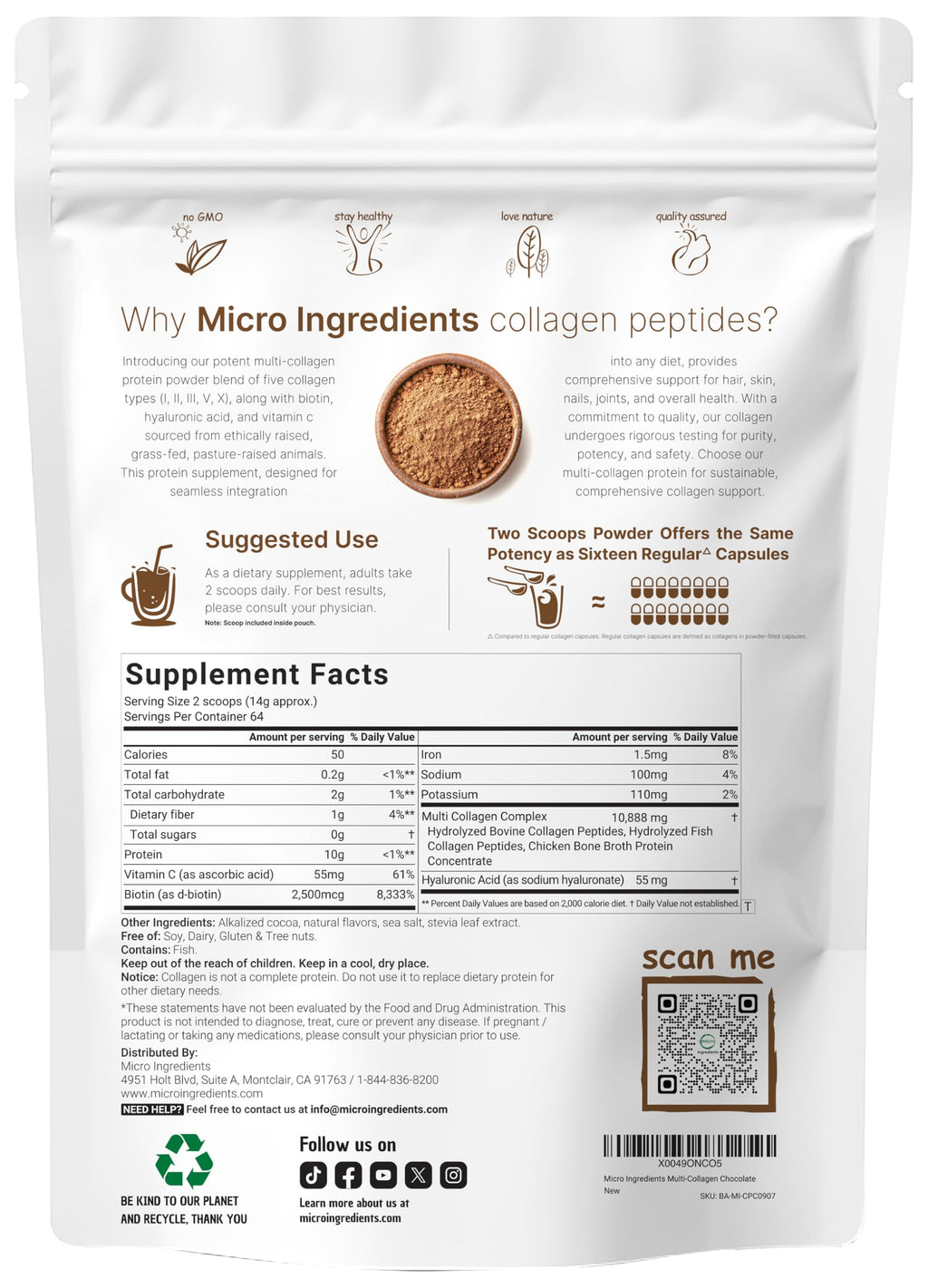 Multi Collagen Peptides Powder, 2lb Chocolate Flavor J452