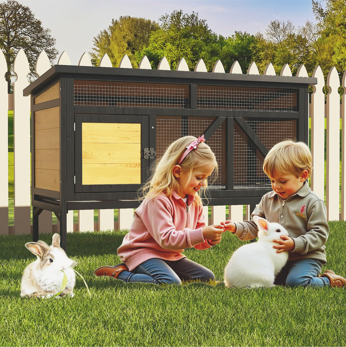 46.7" Wooden Rabbit Hutch with Removable Tray E78031