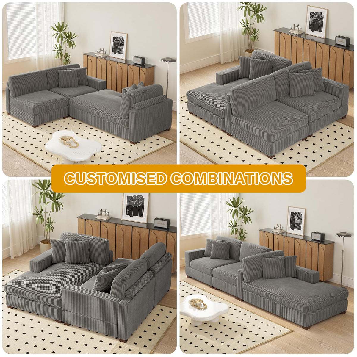 118" Light Gray Corduroy Modular Sectional Sofa with L-Shape Chaise X8553